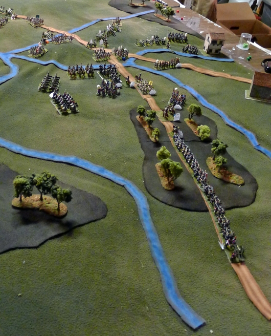 The French right flank is in dire straights, but wait! New forces approach down the road...