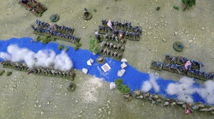 The Confederate high water mark, of this battle. My valiant brigadier attaches himself to the center regiment, and leads them up out of the river, to smash the Union in the mouth.